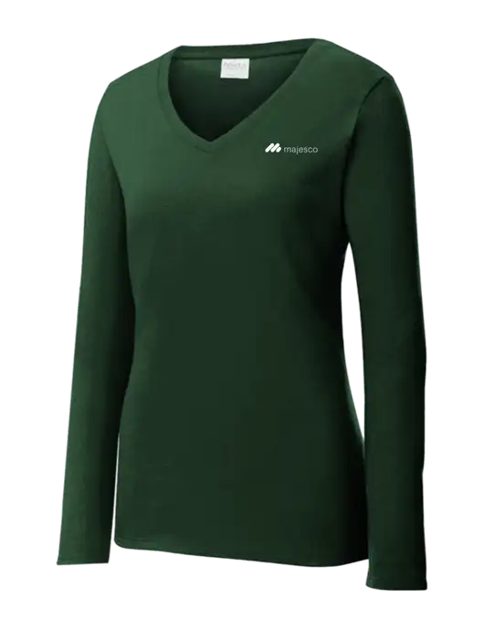Womens  V-Neck Ring Spun Forest Green 4.5 oz Long Sleeve T-Shirt w/Majesco Logo