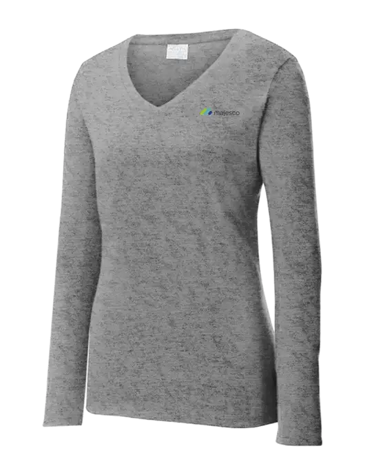 Womens  V-Neck Ring Spun Grey Heather 4.5 oz Long Sleeve T-Shirt w/Majesco Logo