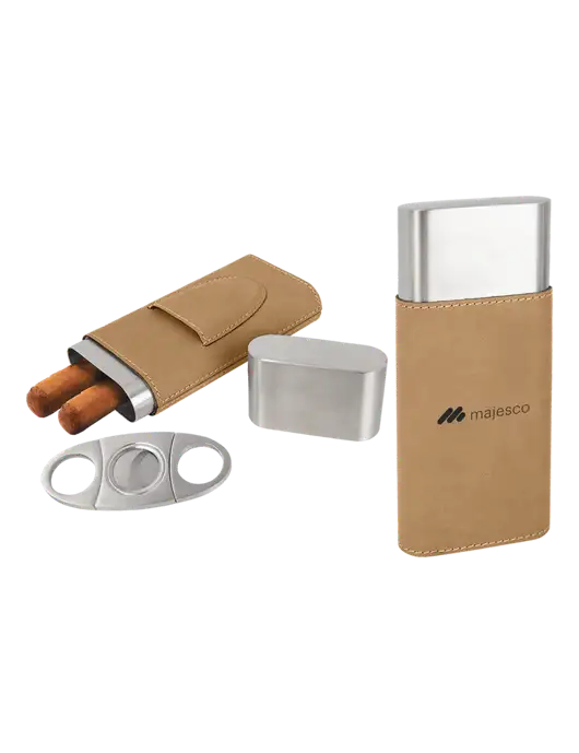 Tan Leatherette Cigar Case with Cutter w/Majesco Logo