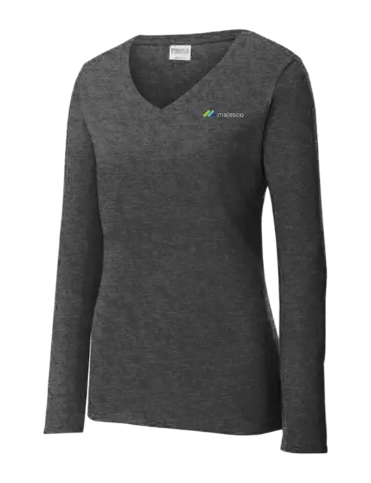 Womens  V-Neck Ring Spun Dark Heather Grey 4.5 oz Long Sleeve T-Shirt w/Majesco Logo