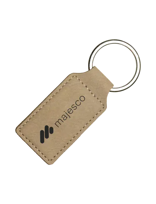 Tan Laserable Leatherette Rectangle Keychain w/Majesco Logo
