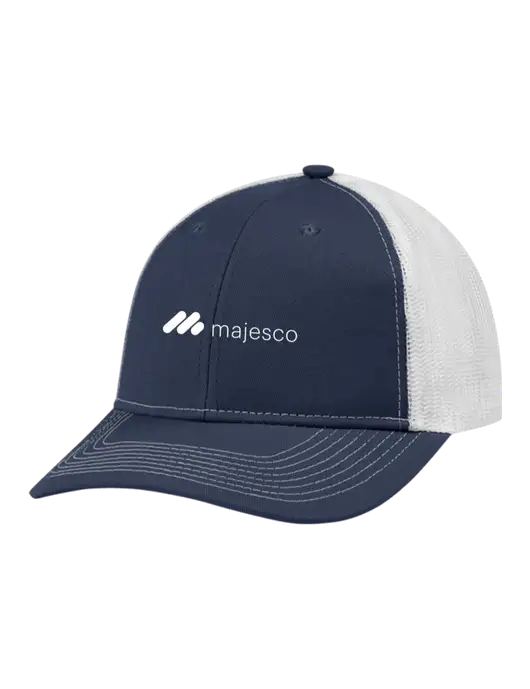 Snapback Ponytail Trucker Cap Navy w/White Mesh w/Majesco Logo