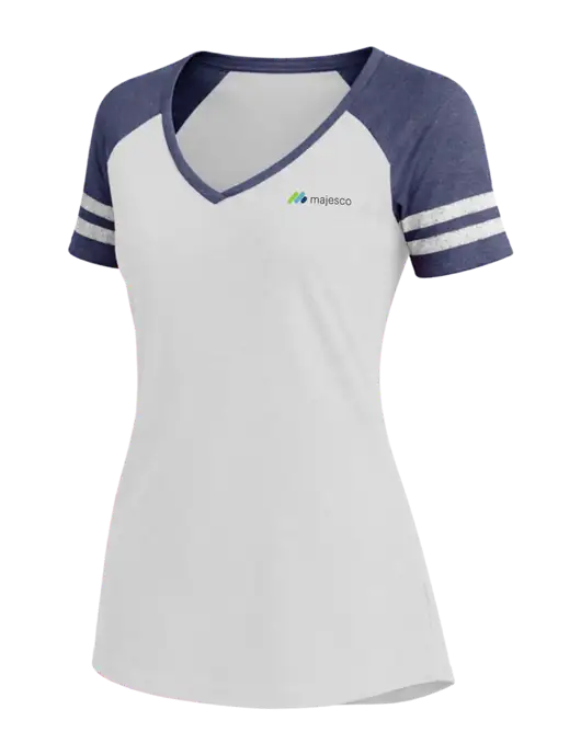 Womens White/Navy Heather V-Neck Game Tee w/Majesco Logo