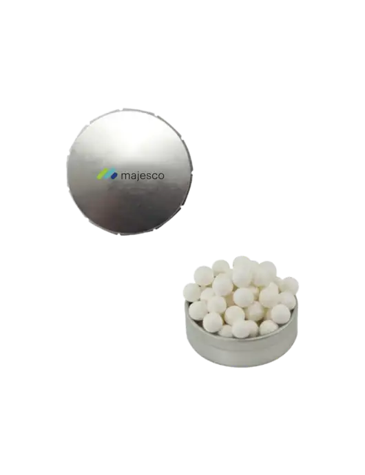Signature Peppermints In Silver Snap Top Tin  w/Majesco Logo